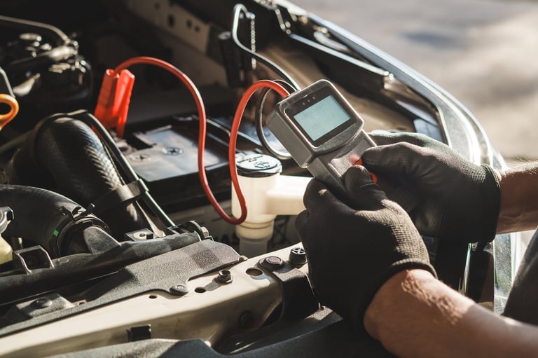 Professional car mechanic using digital battery tester