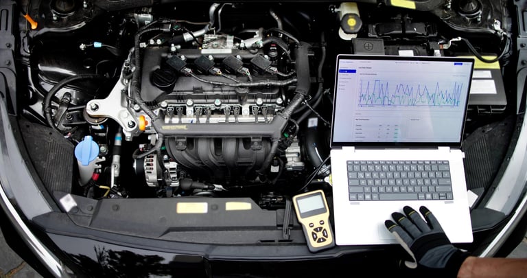 Professional mechanic using laptop for car diagnostics