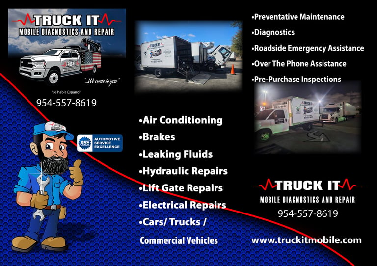 Truck It Mobile Maintenance flyer advertising mobile repair services with contact number 954-557-8619 and website
